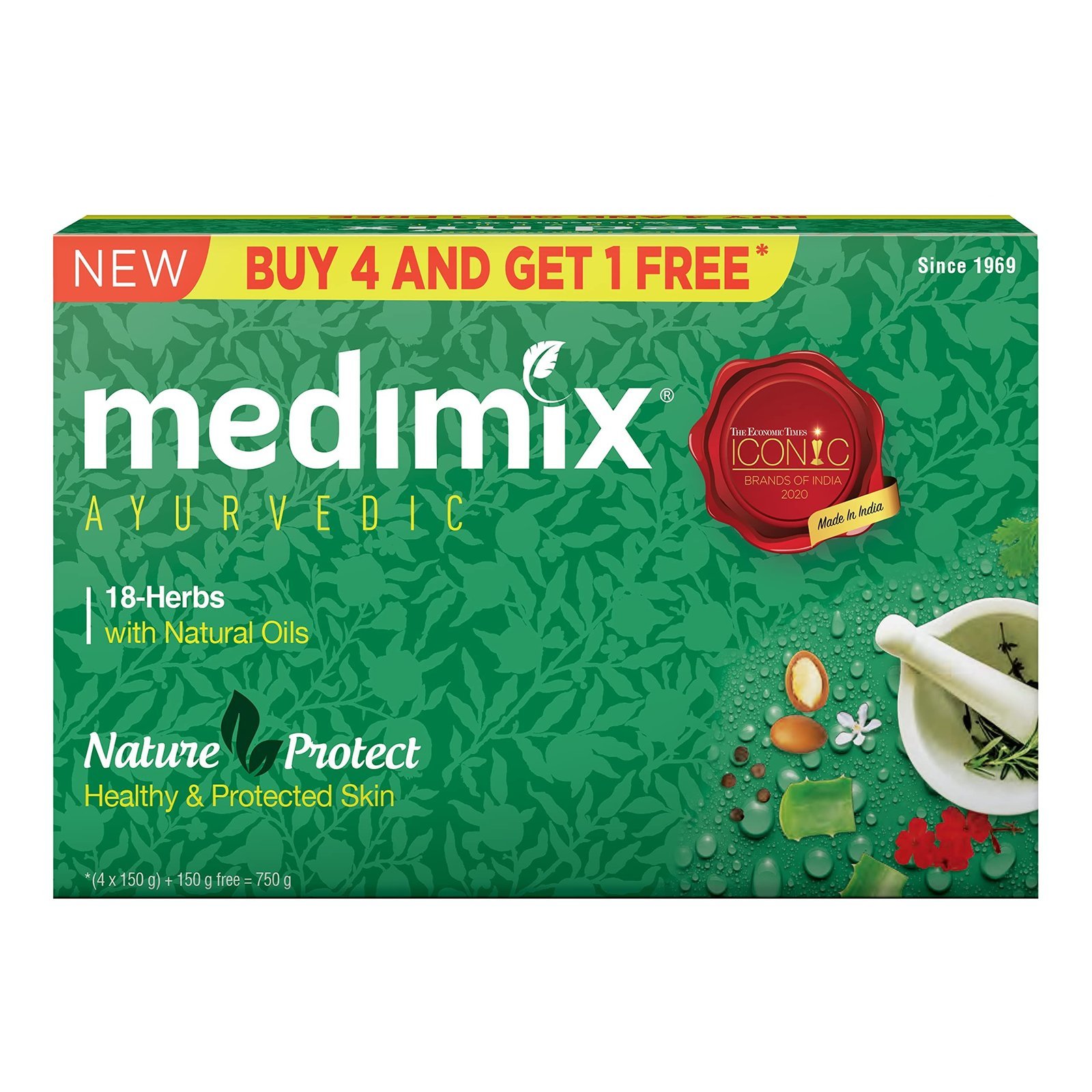 uk81TXFG5AavL-1.jpg Medimix Ayurvedic Classic 18 Herbs Soap, 150g (Buy 4 Get 1 Free) Total 750g and Medimix Ayurvedic Neem, Aloe-Vera and Turmeric Anti-Pimple Face Wash, 175 ml - Fast UK Delivery - Image 1
