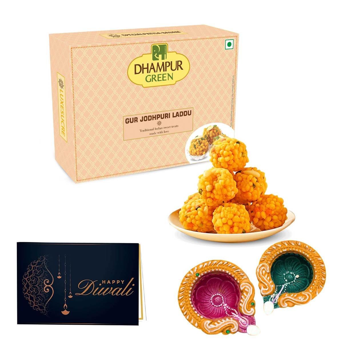 uk81UQpVeuOoL-1.jpg Dhampurgreen Jodhpur Laddu Diwali Sweets Gift Hamper, 1 Diya & Greeting Card - Indian Sweets | Mithai | Gift, 400grams - Fast UK Delivery - Image 1