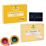 Dhampurgreen Kesar Kaju Katli & Kaju Katli Diwali Sweets Gift Hamper,1 Diya & Greeting Card - Indian Sweets | Mithai | Gift, 800grams - Fast UK Delivery