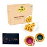 Dhampurgreen Patisa Badam Diwali Sweets Gift Hamper,1 Diya & Greeting Card - Indian Sweets | Mithai | Gift, 350grams - Fast UK Delivery