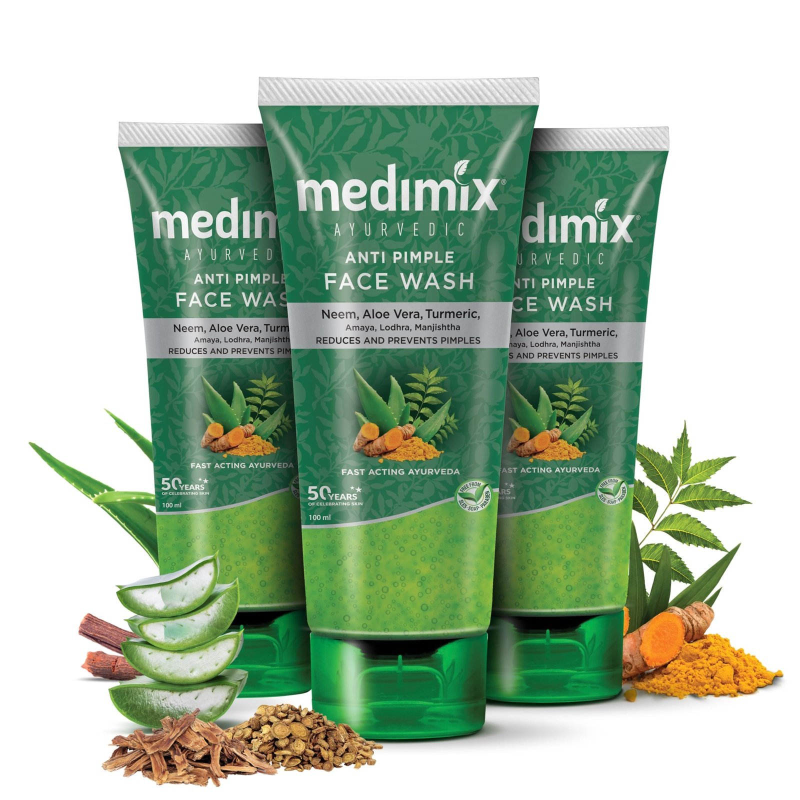 uk81d-JV0xMEL-1.jpg Medimix Ayurvedic Anti Pimple Face Wash 100ml (Combo pack of 3) | With Neem, Aloe Vera, and Turmeric | Helps reduce & prevent pimples | Natural | Herbal | Paraben-free | Soap-free | SLES-Free - Fast UK Delivery - Image 1