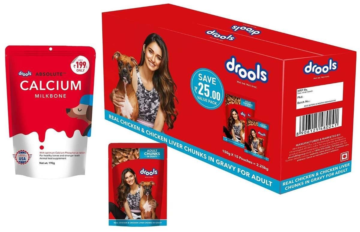 uk81eg3OshsL-1.jpg Drools Adult Wet Dog Food, Real Chicken and Chicken Liver Chunks in Gravy, 15 Pouches (15 x 150g) & All Life Stages Absolute Calcium Bone Pouch, Chicken, 190 g - Fast UK Delivery - Image 1