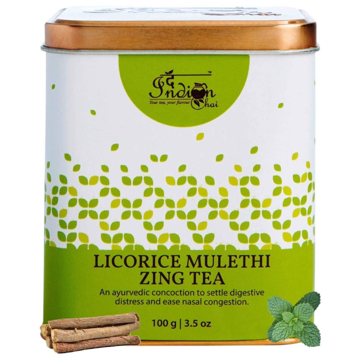 uk81fTBjT05-L-1.jpg The Indian Chai - Licorice Mulethi Zing Ayurvedic Tea 100g with Spearmint for Immunity, Sore Throat and Stress - Fast UK Delivery - Image 1