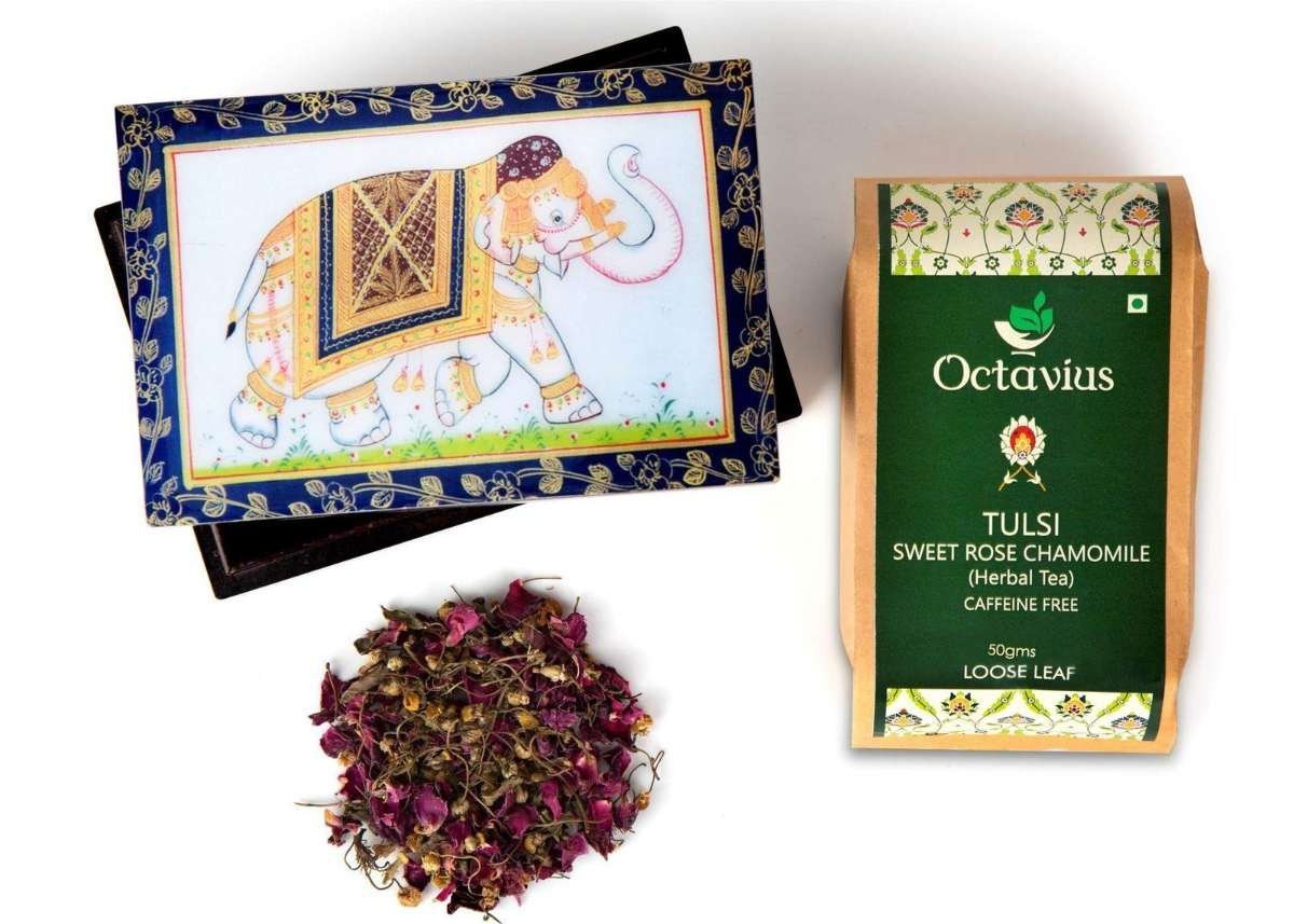uk81og0D0irhL-1.jpg Octavius Tulsi Rose Chamomile Tisane Whole leaf tea in Darkwood Handcrafted Wooden gift box with Traditional Indian Elephant Pattern On The Lid | Caffeine Free | - 50 Gms (50 Servings) - Fast UK Delivery - Image 1