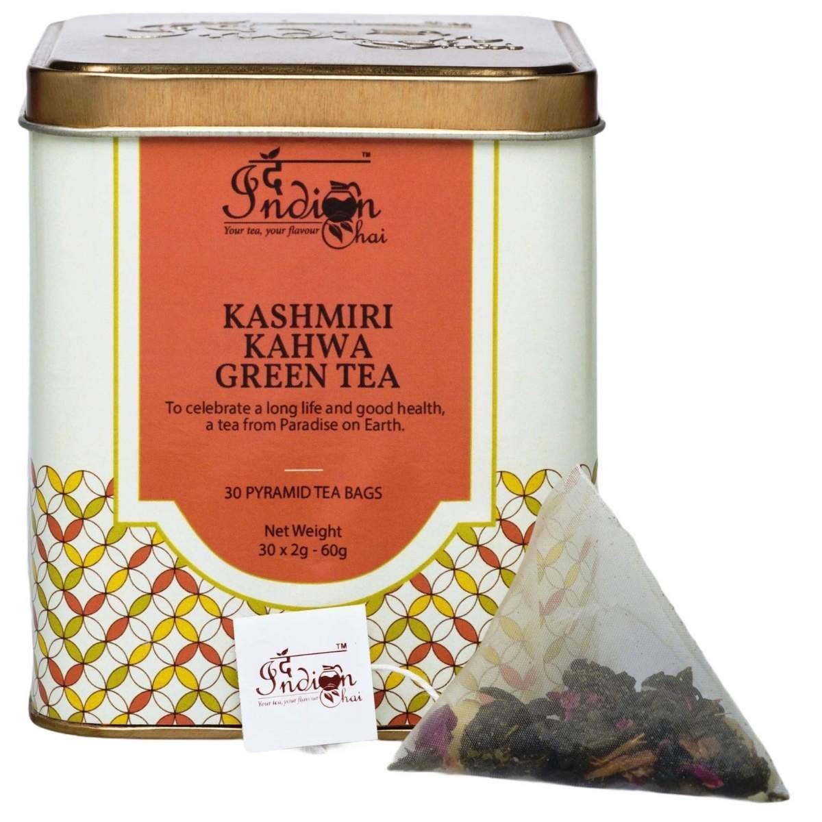 uk81pBmugFoDL-1.jpg The Indian Chai - Kashmiri Kahwa Green Tea 30 Pyramid Bags, Whole Leaves Green Tea with Almonds, Cardamom, Clove, Cinnamon, Ginger, Rose Petal and Saffron - Fast UK Delivery - Image 1