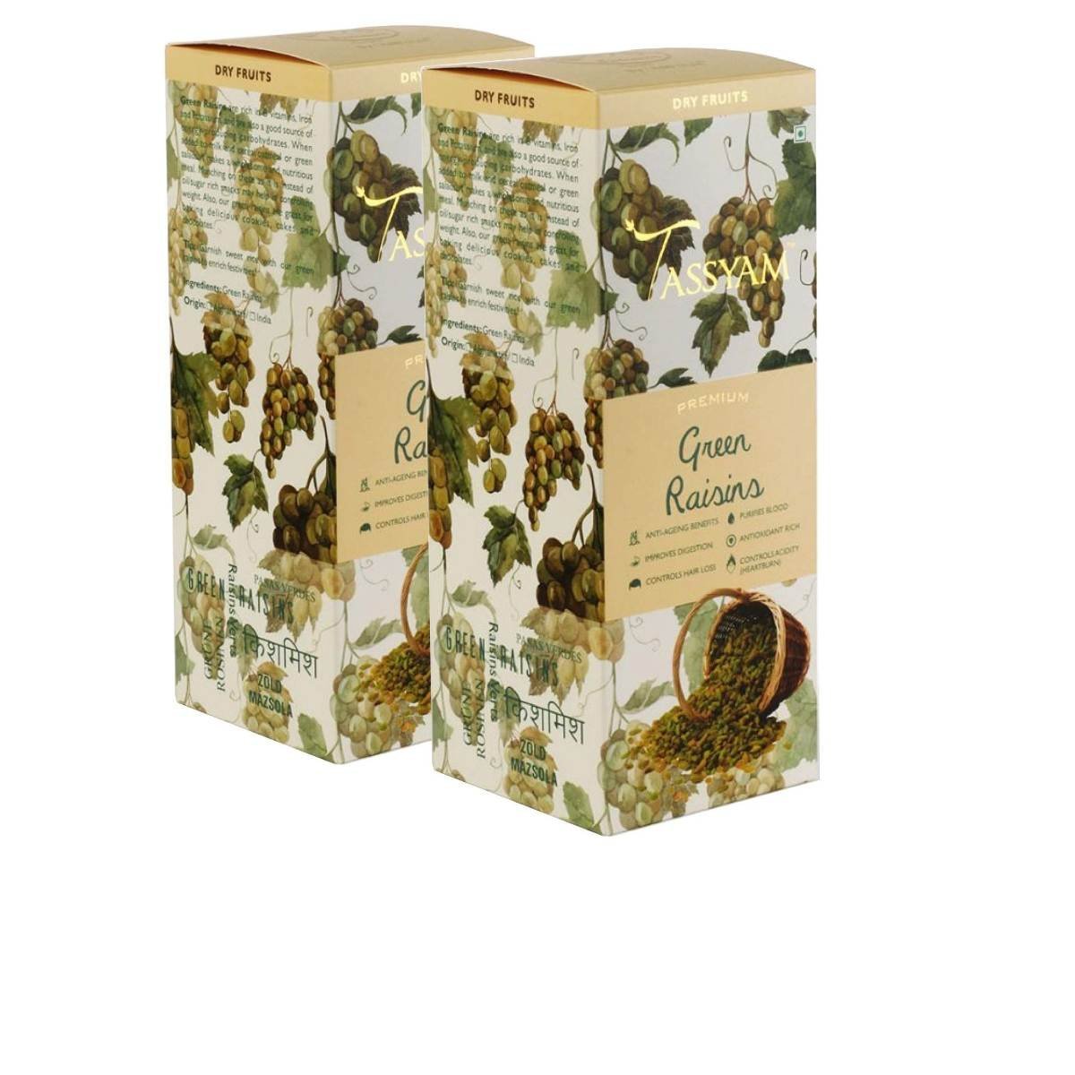uk81pQpT9yp2L-1.jpg Tassyam Premium Green Raisins 1kg (500g x2) Kishmish | Healthy Dry Fruits Luxury Box by Tassyam | Jumbo Combo - Fast UK Delivery - Image 1