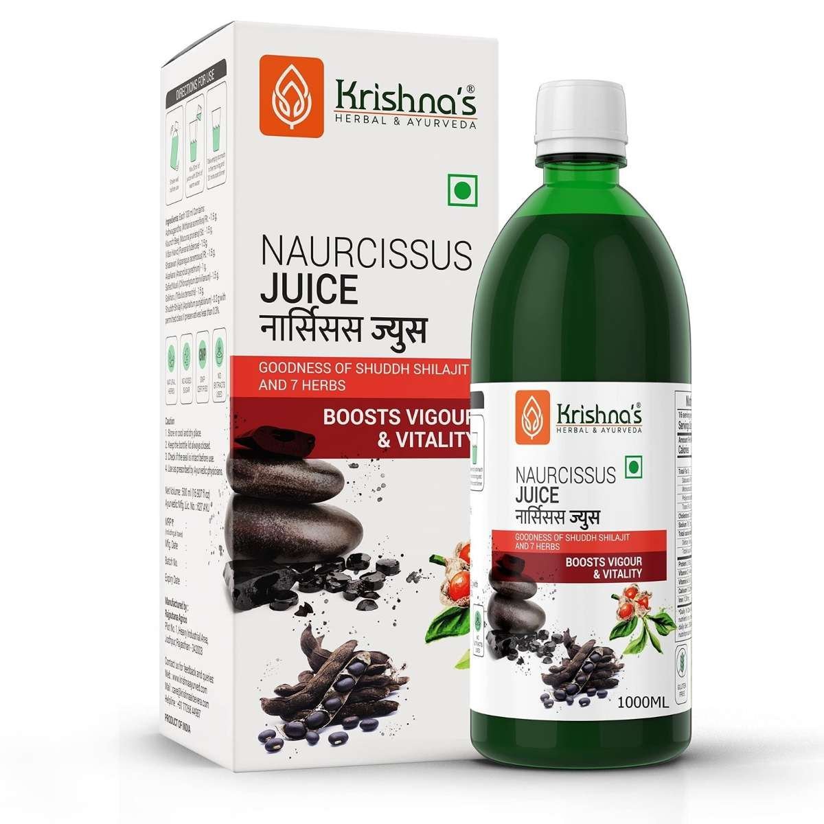 uk81qxRuw4ZvL-1.jpg KRISHNA'S HERBAL & AYURVEDA Krishna'S Naurcissus Juice-1000 Ml Ayurvedic Ingredients Ashwagandha,Kaunch Beej,Vidari Kand,Shatawari,Akarkara,Safed Musli,Gokhru Etc Helps In Boosting Stamina - Fast UK Delivery - Image 1