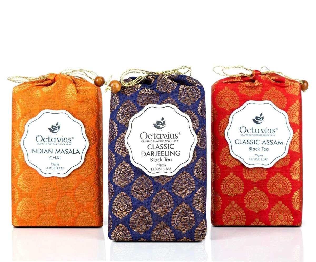 uk81uBT65cRML-1.jpg Octavius | Indian Tea Collection in Handcrafted Pouches - 225 Gm | Assorted 3 Black Loose Leaf Teas | Indian Masala, Darjeeling, Assam | Premium Tea Gift | Assorted Tea Gift Box | 3 X 75 Each - Fast UK Delivery - Image 1