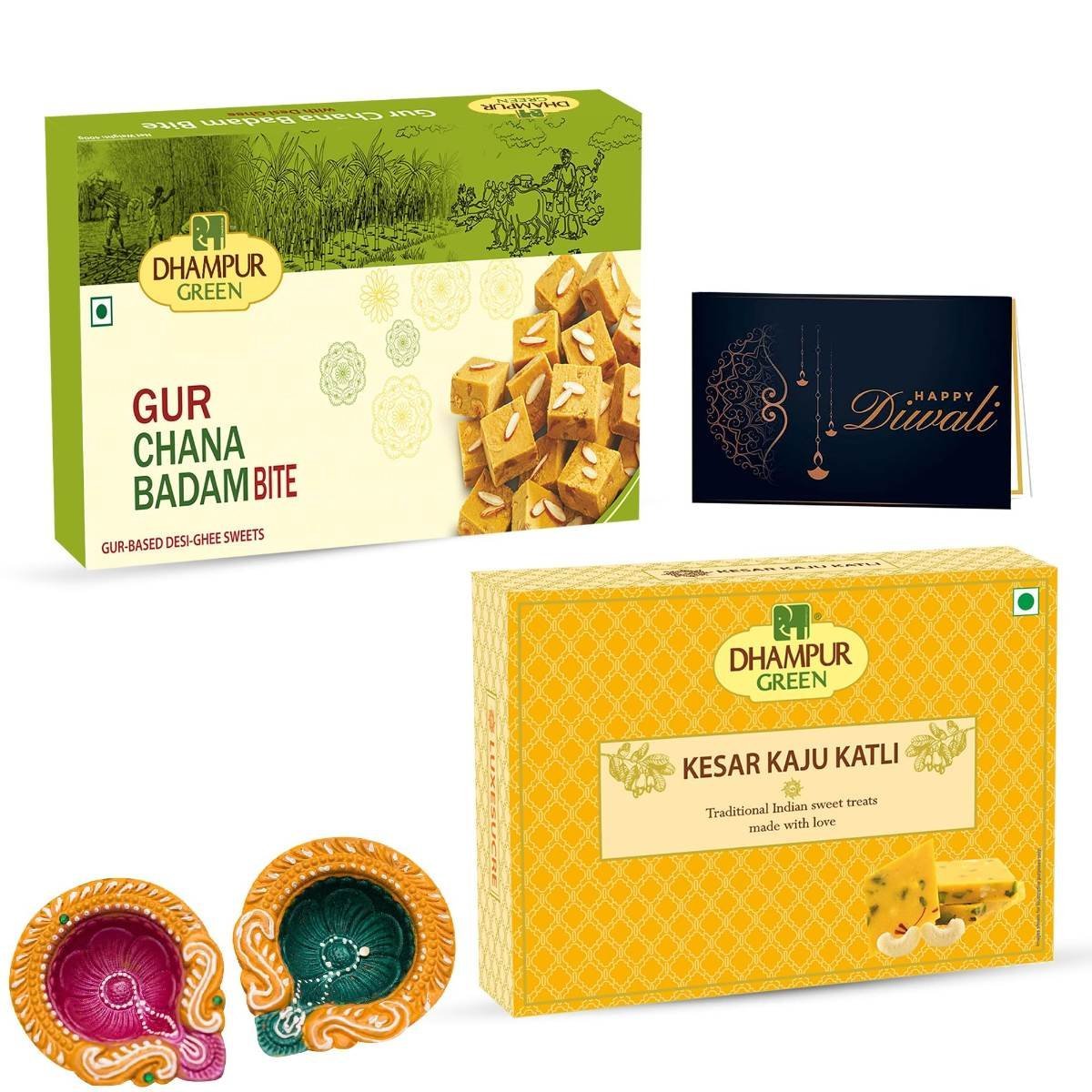 uk81wjEcFIrTL-1.jpg Dhampurgreen Gur Chana Badam Bite(400g) & Kesar Kaju Katli(400g) Diwali Sweets Gift Hamper,1 Diya & Greeting Card - Indian Sweets | Mithai - Fast UK Delivery - Image 1