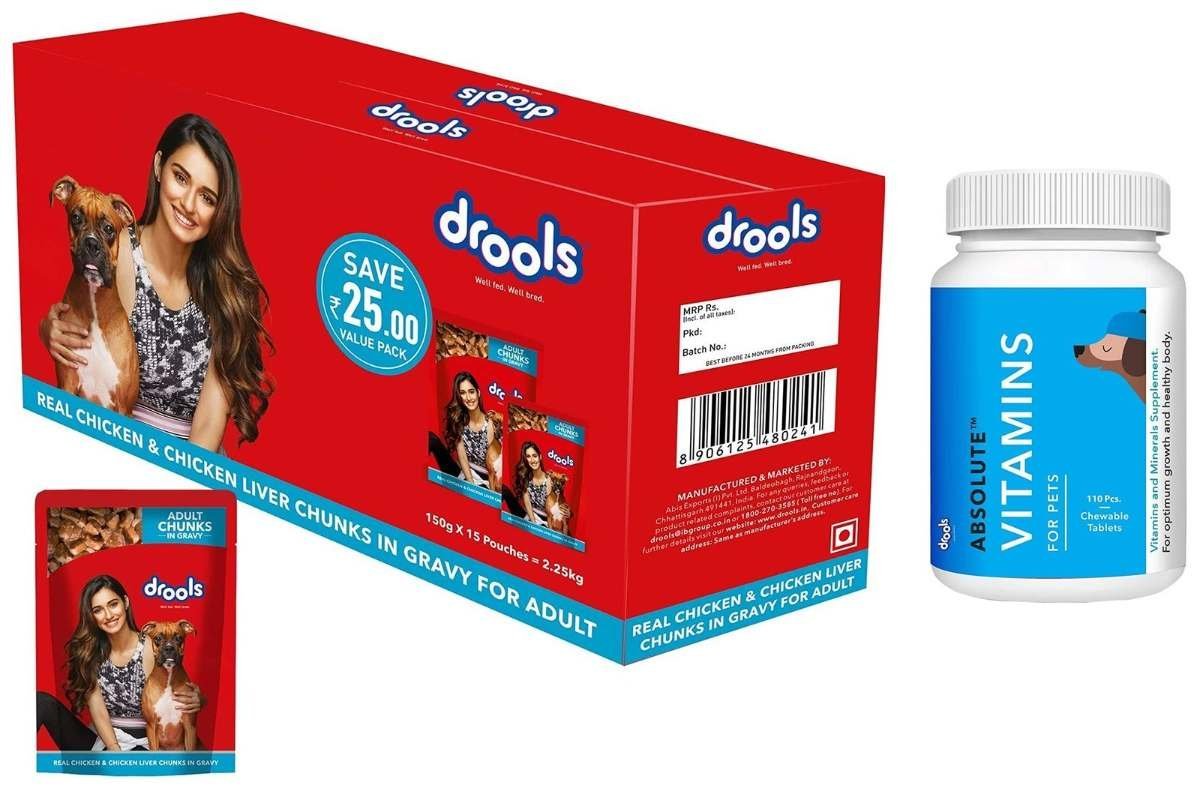uk81xBXpL7GBL-1.jpg Drools Absolute Vitamin Tablet- Dog Supplement, 110 Pcs&Drools Adult Wet Dog Food, Real Chicken and Chicken Liver Chunks in Gravy, 15 Pouches (15 x 150g) - Fast UK Delivery - Image 1