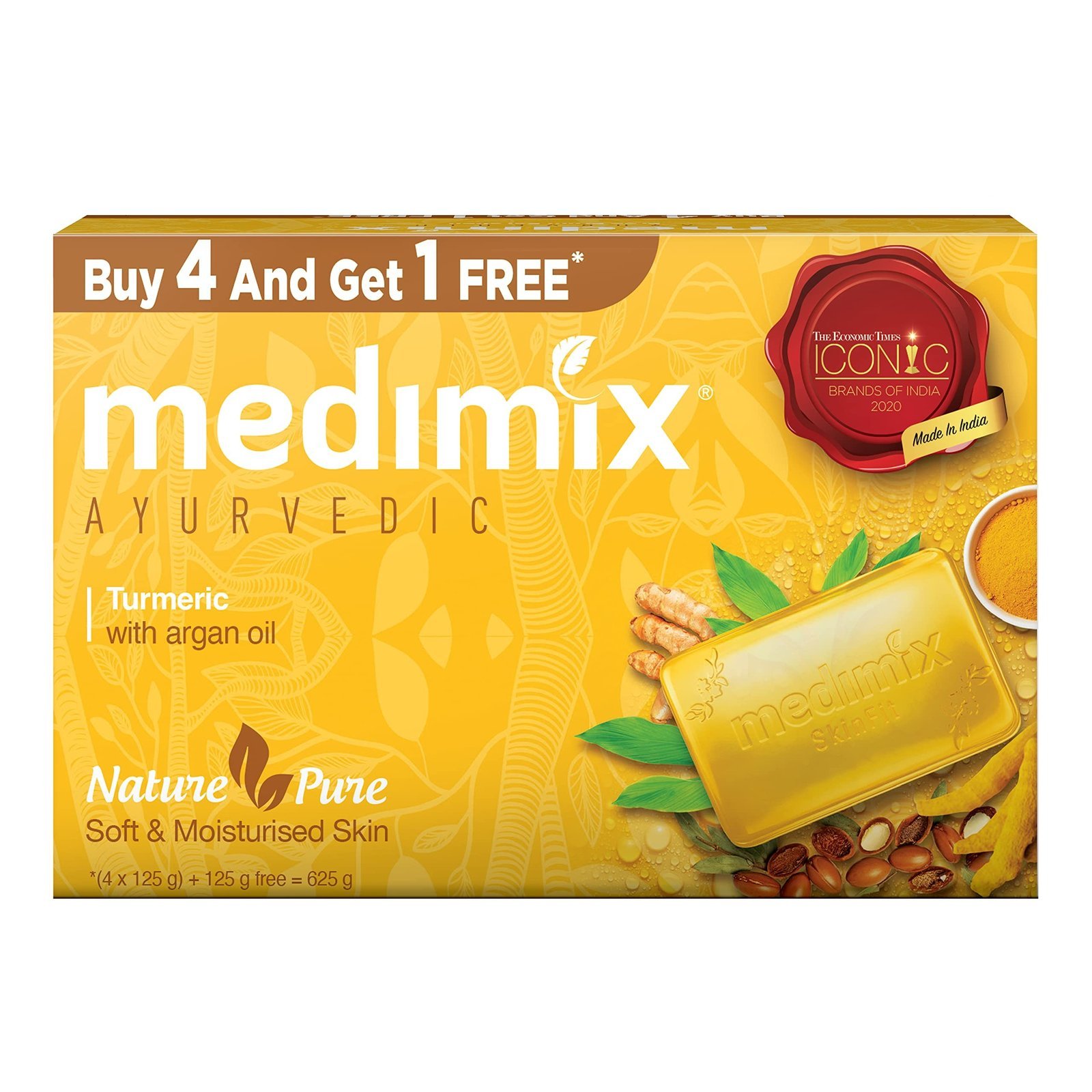 uk81yBbZsU5SL-1.jpg Medimix Ayurvedic Tumeric & Argan Oil Bathing Bar, 125 g (4 + 1 Offer Pack) - Fast UK Delivery - Image 1