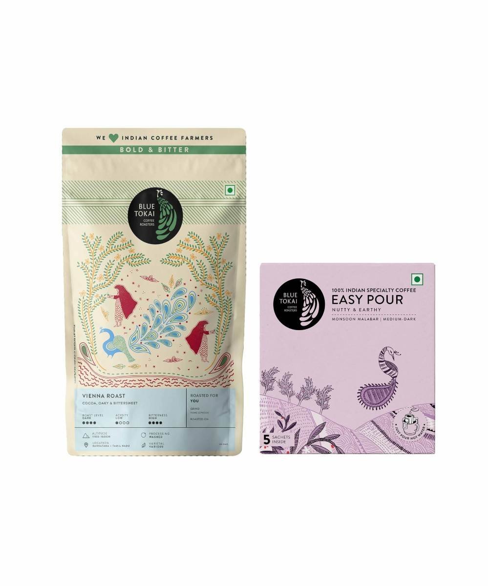 uk81zH3dyWL-1.jpg Blue Tokai Coffee Vienna Dark Roast - Home Espresso Grind 150gm and Easy Pour Drip Coffee Bags - Monsoon Malabar (Pack of 5) Combo | 100% Freshly Roasted Arabica Ground Coffee - Fast UK Delivery - Image 1
