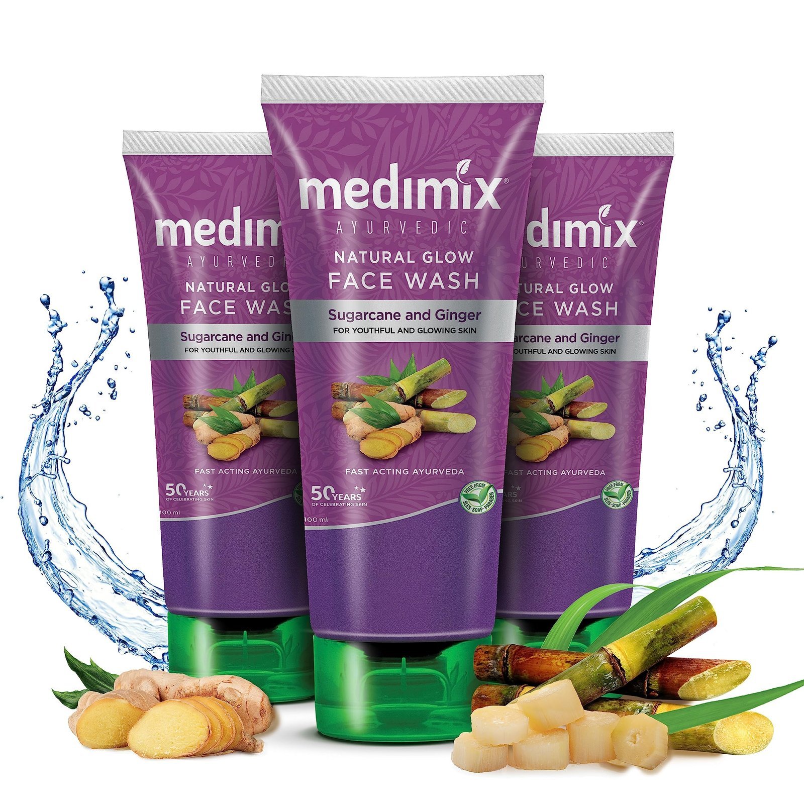 uk91u8d6zCQQL-1.jpg Medimix Ayurvedic Natural Glow Face Wash for youthful and glowing skin | With Sugarcane and Ginger | 100 ml (Pack of 3) - Fast UK Delivery - Image 1