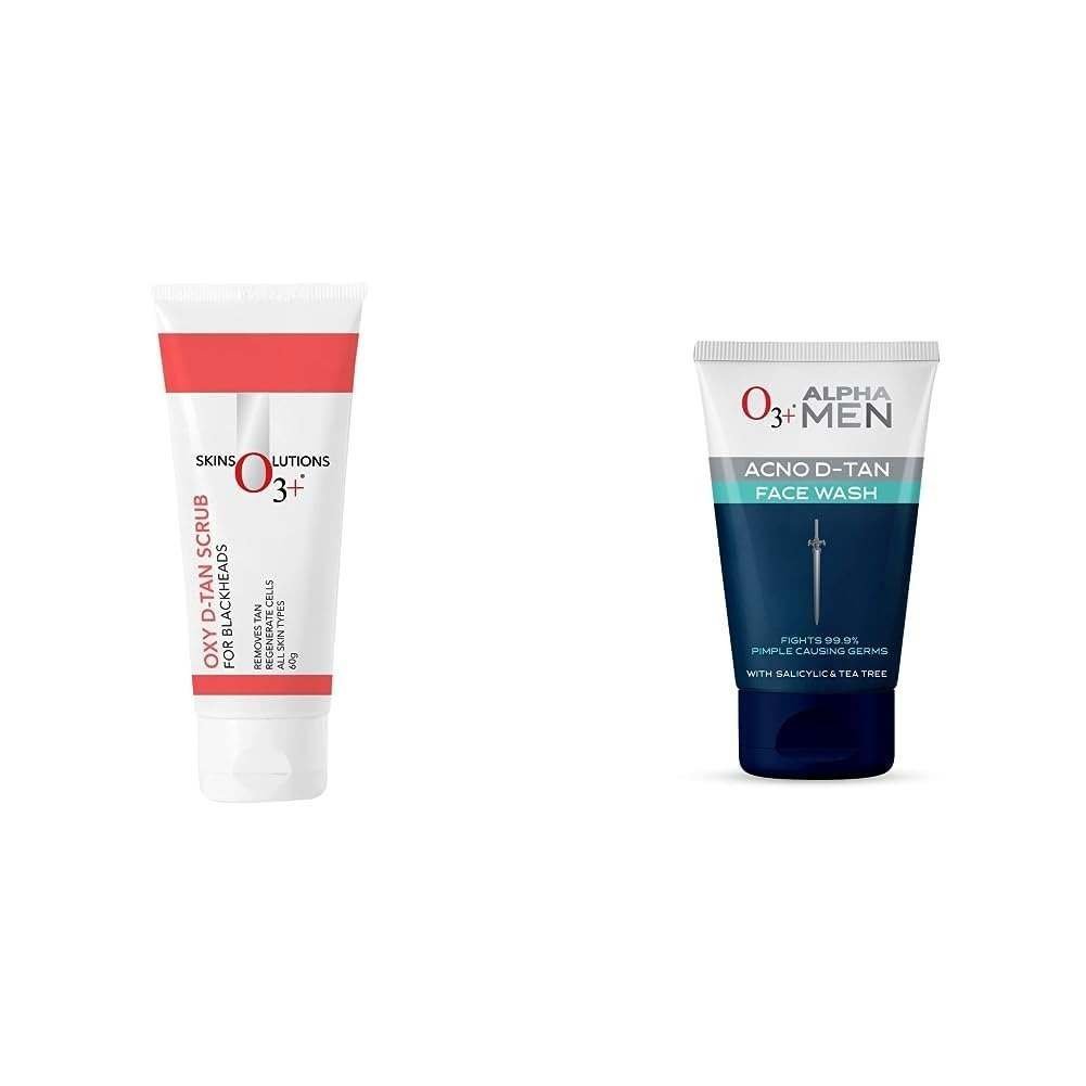 uk411ARouYqL-1.jpg O3+ Oxy D-Tan Scrub 60g for Blackheads & Glowing Skin & O3+ ALPHA MEN Acno D-TAN Face Wash with Tea Tree 100g for Oily Skin Combo - Fast UK Delivery - Image 1