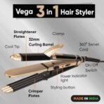 Vega 3 in 1 Hair Styler for Women, (India's No.1* Hair Styler Appliance Brand) Straightener, Curler and Crimper, Suitable for All Hair Types, Gold-Black (VHSCC-01) - Fast UK Delivery - Image 3