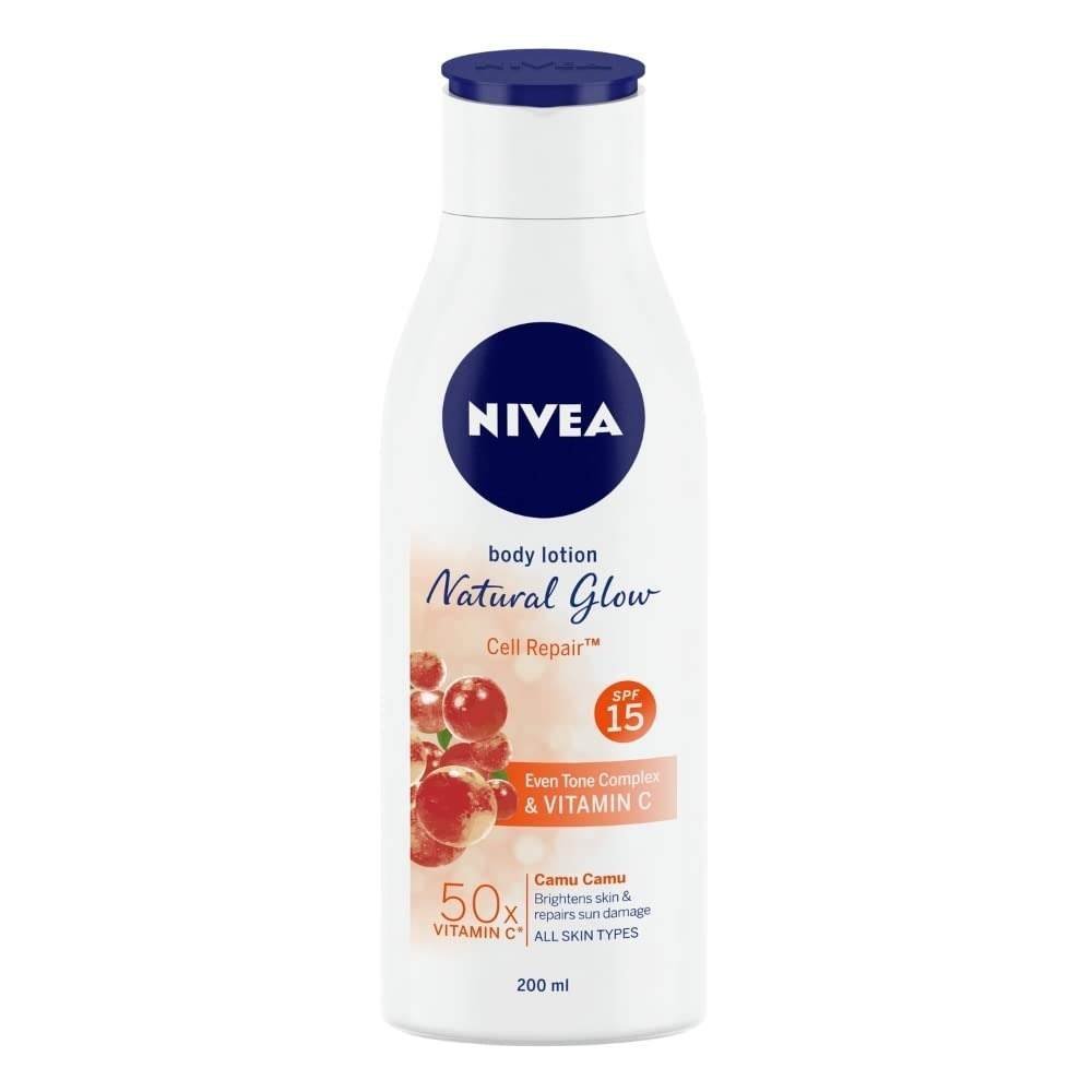 uk41AlOHrQ25L-1-1.jpg NIVEA Natural Glow Cell Repair 200ml Body Lotion | SPF 15 & 50 X Vitamin C for Summer Protection |With Camu Camu & Acerola Cherry Extracts | Gives Even Toned & Smooth Skin |For All Skin Types - Fast UK Delivery - Image 1