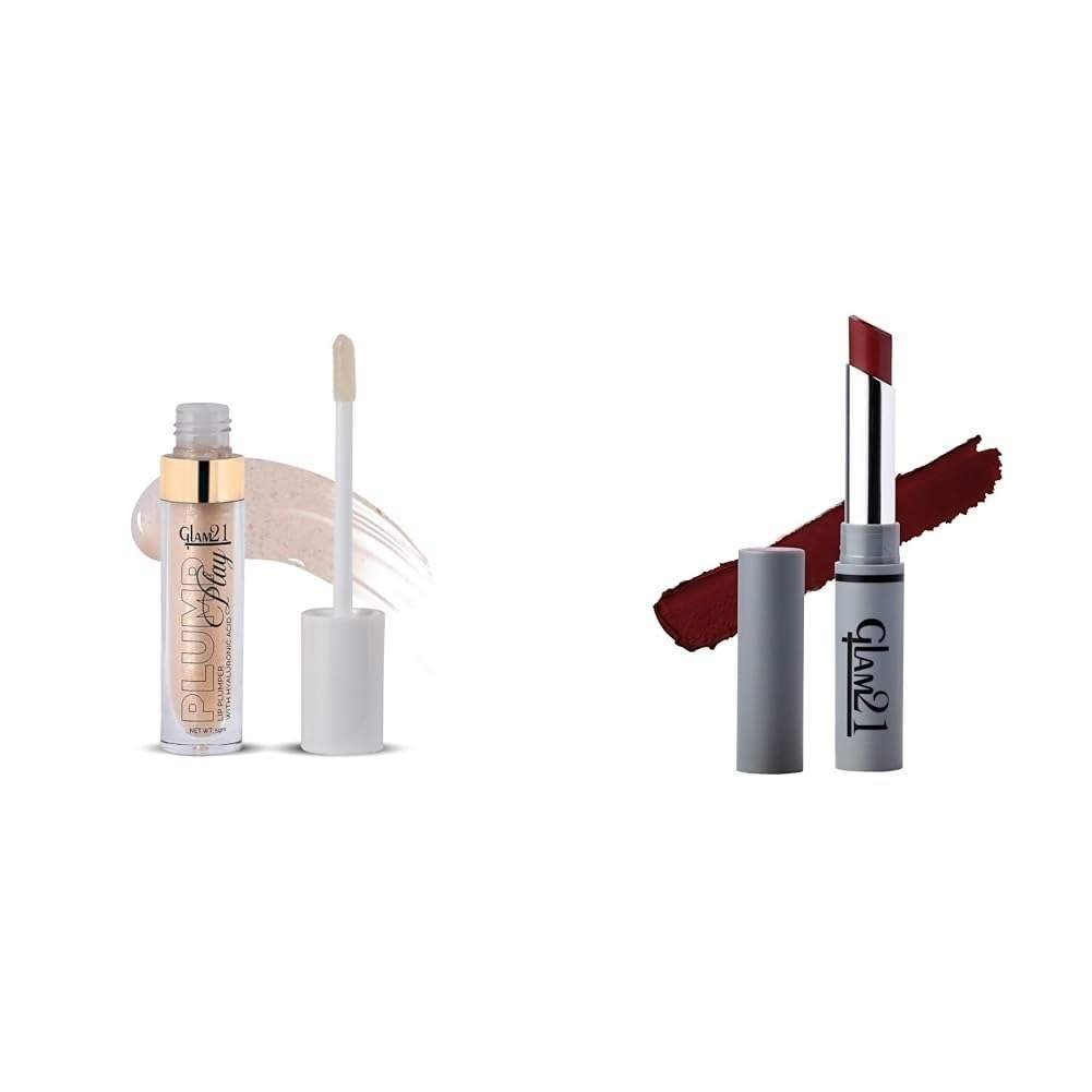 uk41Bjbmkq4nL-1-1.jpg Glam 21 Lip Plumper With Hyaluronic Acid | Lightweight Glossy Finish Plump Lips | 04 Nude Shimmer - 5 Gm & Long Lasting Non-Transfer Lipstick|Creamy Matte Formula - 2.8gm | Nude Hue-27 - Fast UK Delivery - Image 1