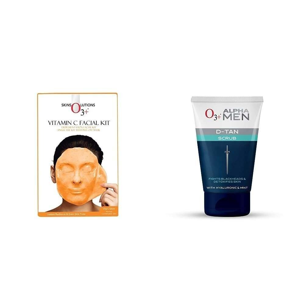 uk41F34mBdDTL-1-1.jpg O3+ Vitamin C Facial Kit Depigmentation Single use Kit with Peel Off Mask, 45g & O3+ ALPHA MEN Acno D-TAN Scrub With Hyaluronic & Mint 50g - Detan Scrub for TAN removal Combo - Fast UK Delivery - Image 1