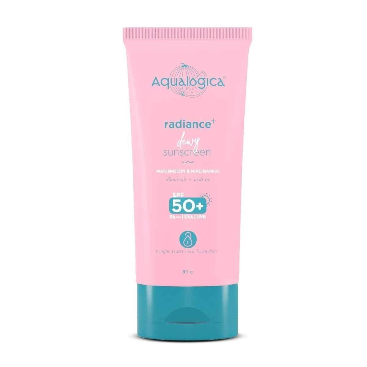 uk41Fo-Wg-fxL-1-1.jpg Aqualogica Radiance+ Dewy Sunscreen SPF 50+ PA+++ | Lightweight texture for oily, combination, acne prone skin | Broad spectrum protection | No white cast, Non greasy | For Men & Women | 80g - Fast UK Delivery - Image 1