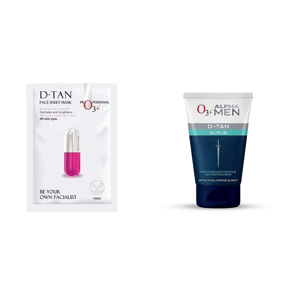 uk41O-7tbwbnL-1-1.jpg O3+ Facialist Dtan Face Sheet Mask (30g) & O3+ ALPHA MEN Acno D-TAN Scrub With Hyaluronic & Mint 50g - Detan Scrub for TAN removal Combo - Fast UK Delivery - Image 1