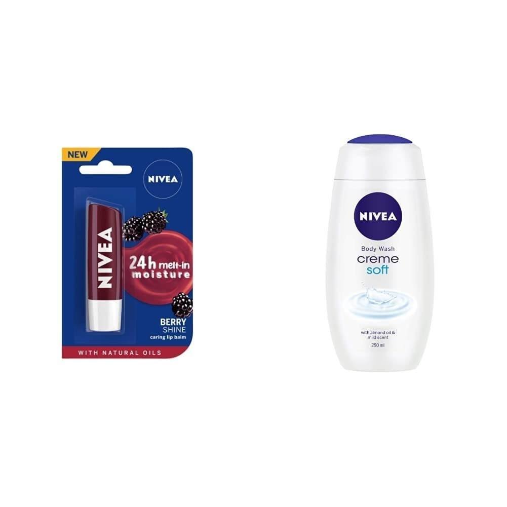 uk41O-FTTMNFL-1-1.jpg Nivea Lip Balm, Fruity Blackberry Shine, 4.8g & Shower Gel, Creme Soft Body Wash, Women, 250ml - Fast UK Delivery - Image 1
