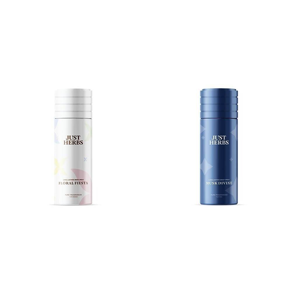 uk41Q-ha34L-1.jpg Just Herbs Long Lasting- Phthalate-Free Formula,150 Ml (Floral Fiesta) & Long Lasting Unisex Citrus, Eucalyptus, Fresh, Amber Spray,150 Ml (Musk Divine) Combo, 2 pack - Fast UK Delivery - Image 1
