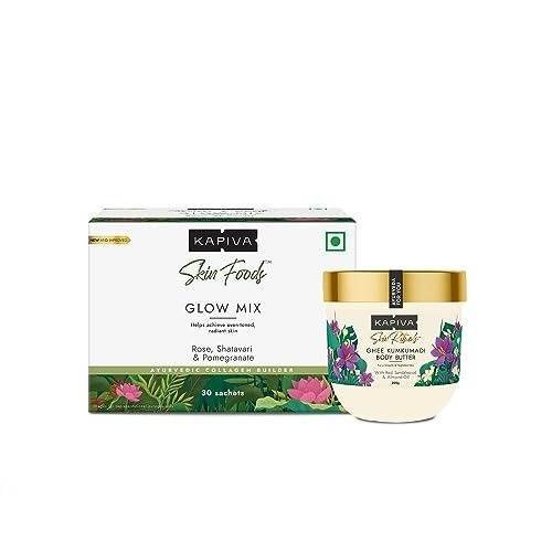 uk41QYY9gD0L-1.jpg Kapiva Glow Mix Skin Foods Glow Mix Collagen Builder (30 Sachets) + Ghee Kumkumadi Body Butter (200 G) 100 Times Washed Ghee For 24 Hours Moisturization Ayurvedic Powder - Fast UK Delivery - Image 1