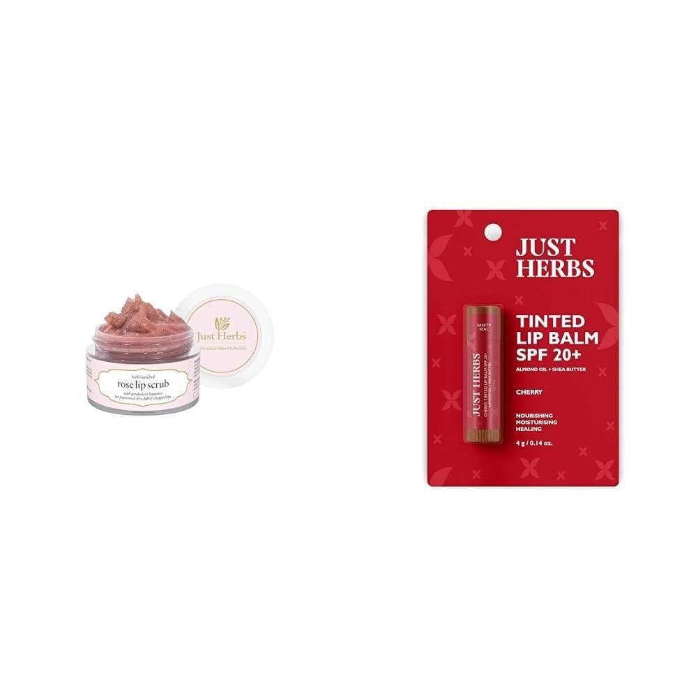 uk41Vbn7YBzzL-1.jpg Just Herbs Ayurvedic Rose Lip Scrub For Dry & Just Herbs Tinted Lip Balm for Men and Women with SPF 20+ for Dark Lips to Lighten 4 g (Cherry) Combo - Fast UK Delivery - Image 1
