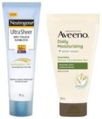 Neutrogena Ultra Sheer Sunscreen Spf 50+ (30Ml) & Aveeno Daily Moisturising Body Wash For All Skin Types (30 Ml), 1 Count - Fast UK Delivery - Image 2