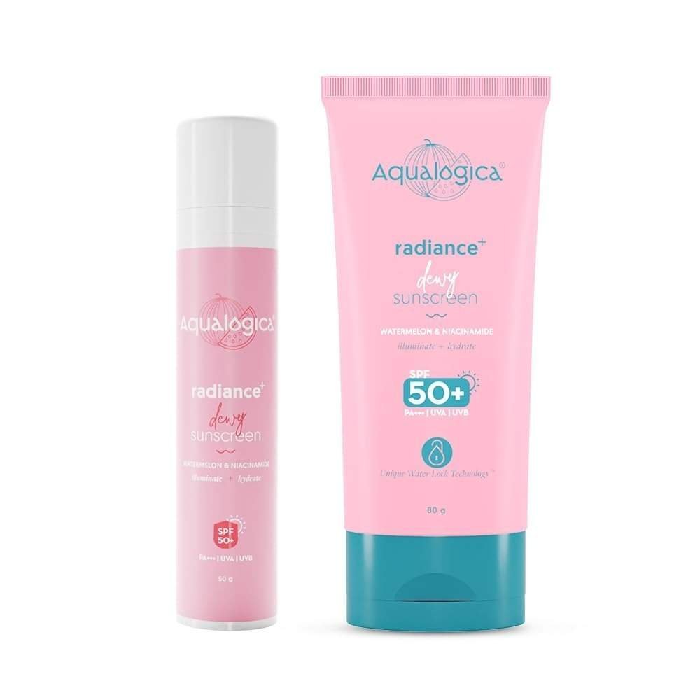 uk41d4qpPKpFL-1-1.jpg Aqualogica Radiance+ Dewy Sunscreen SPF 50+ PA+++ | Lightweight texture for oily, combination, acne prone skin | Broad spectrum protection | No white cast, Non greasy | For Men & Women | 50g + 80g - Fast UK Delivery - Image 1
