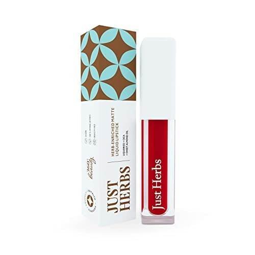 uk41hU64vJ1hL-1.jpg Just Herbs Ayurvedic Creamy Matte Long Lasting Liquid Lipstick, Lightweight & Hydrating Lip Colour with Liquorice & Sweet Almond Oil - Hibiscus Red - Fast UK Delivery - Image 1