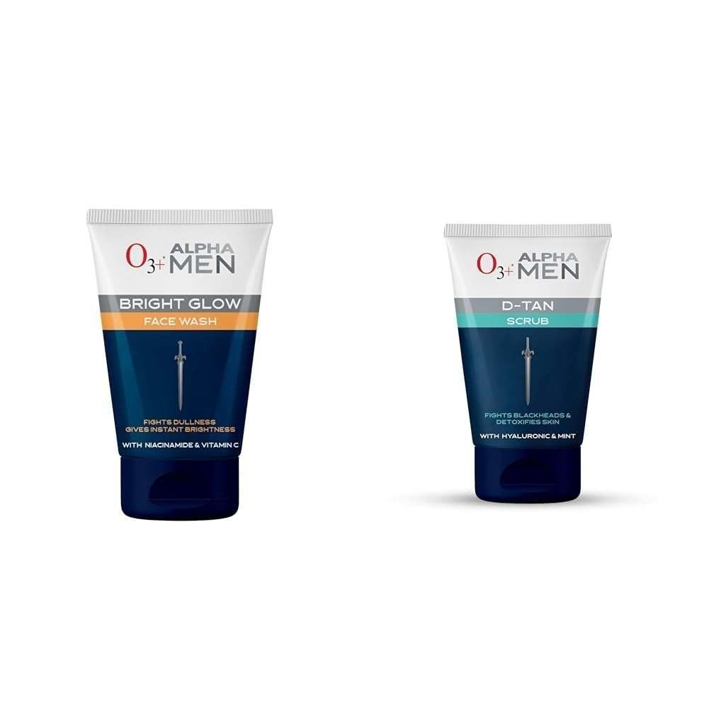 uk41io3Z4NjqL-1-1.jpg O3+ ALPHA MEN Bright Glow Face Wash 100g & O3+ ALPHA MEN Acno D-TAN Scrub With Hyaluronic & Mint 50ml - Detan Scrub for TAN removal | Fights Blackheads & Detoxifies Skin - Fast UK Delivery - Image 1