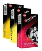 KamaSutra Mango + Banana + Strawberry Flavoured Condoms for Men | Tempting Flavours with Dotted Texture | Made with Natural Rubber Latex | Excite/Flavour Series | Pack of 3-12 Flavoured Condoms Each - Fast UK Delivery