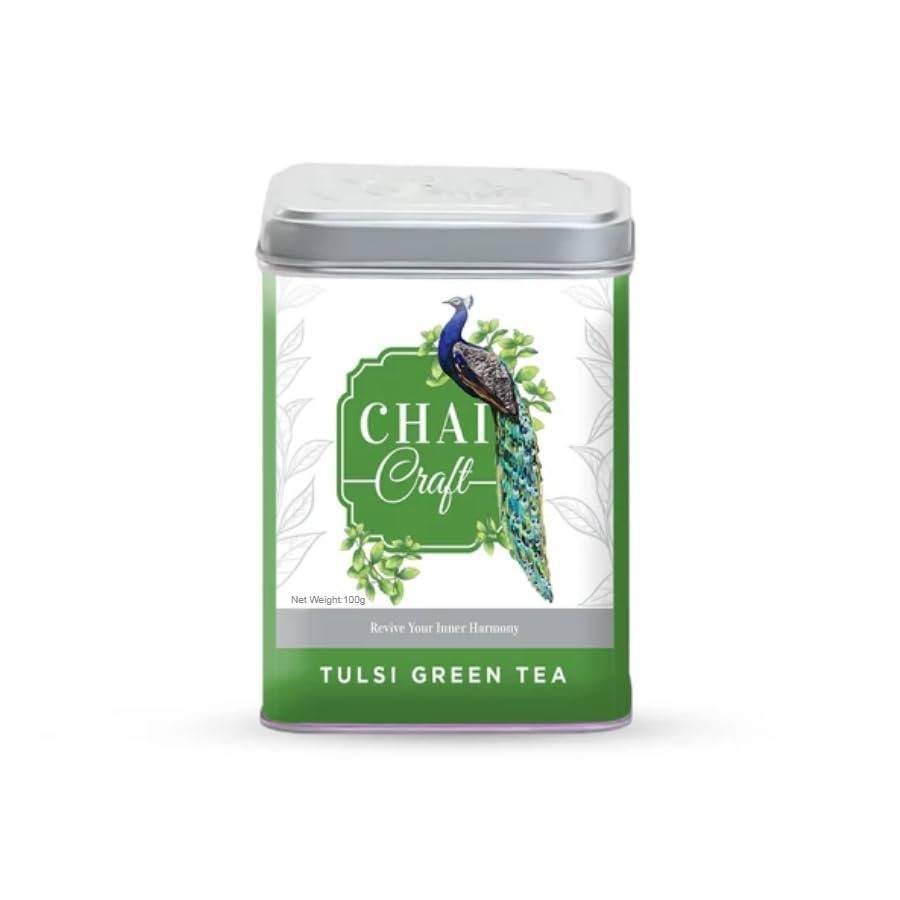 uk41xKaS4bugL-1-1.jpg Chai Craft Tulsi Green Tea (100gms) I Pure Organic Whole Leaf blended with Long Tulsi Leaves I Herbal tea blend for stress management & wellness - Fast UK Delivery - Image 1