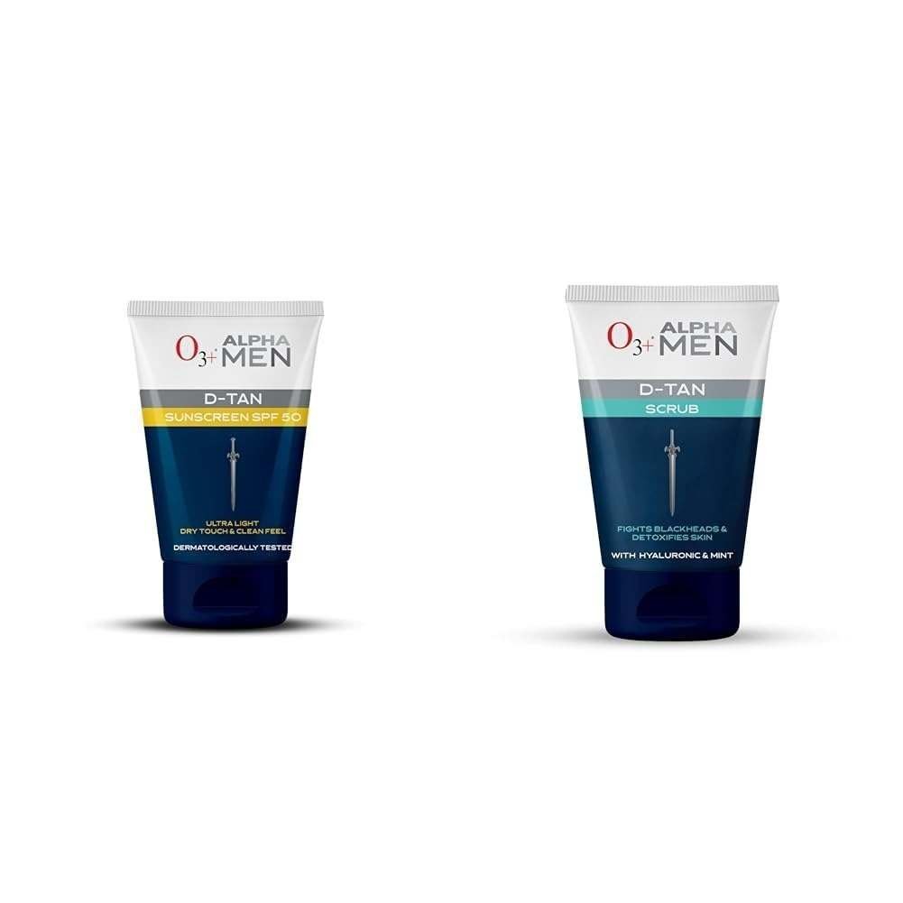 uk41xKyDjnw-L-1-1.jpg O3+ ALPHA MEN D-TAN Sunscreen SPF 50 50g & O3+ ALPHA MEN Acno D-TAN Scrub With Hyaluronic & Mint 50ml - Detan Scrub for TAN removal | Fights Blackheads & Detoxifies Skin - Fast UK Delivery - Image 1
