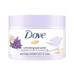Dove Exfoliating Body Polish Scrub with Crushed Lavender & Coconut Milk for Dry Skin, Gently Exfoliates & Removes Dead Skin, Naturally Derived Ingredients, Sulfate-Free, Soothing Scent, 298 g - Fast UK Delivery