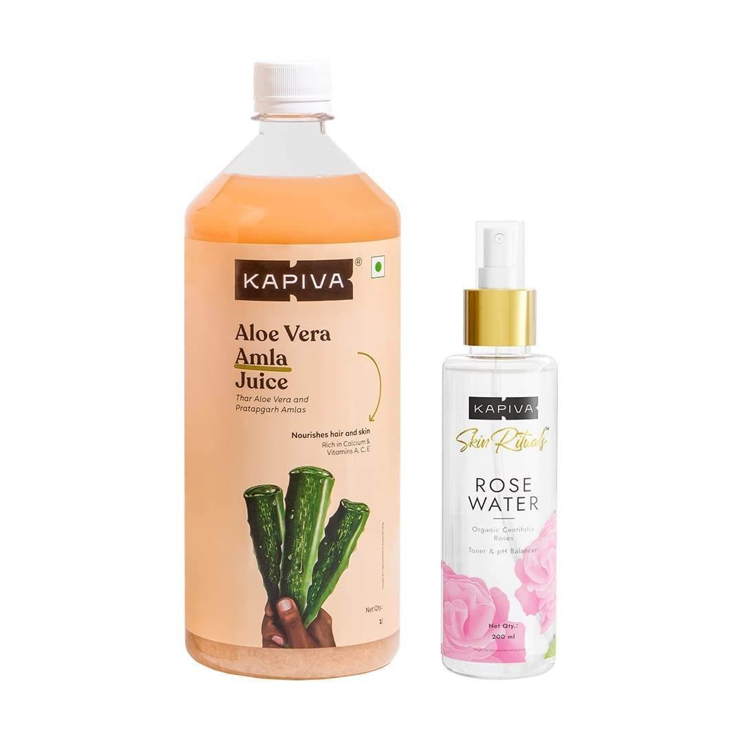 uk510WFdC0ARL-1.jpg Kapiva Skin Rituals Rose Water 200ml & Aloe Amla Juice 1L | Facial Mist, Ayurvedic Juice for Healthy Clear Skin - Fast UK Delivery - Image 1