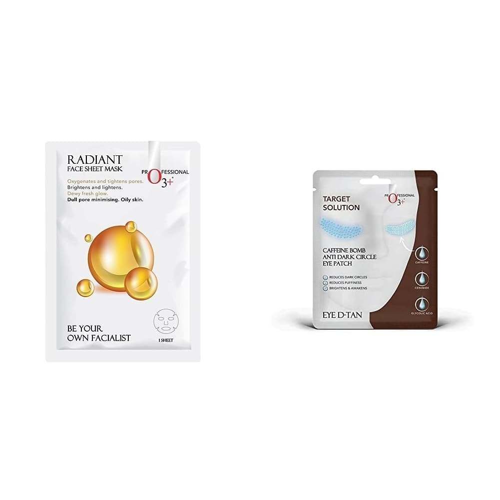 uk510rWbBkgiL-1-1.jpg O3+ Facialist Radiant Face Sheet Mask (30g) & O3+ Caffeine Bomb Anti Dark Circle Eye Patch & Eye D Tan (single use only) 5G Combo - Fast UK Delivery - Image 1