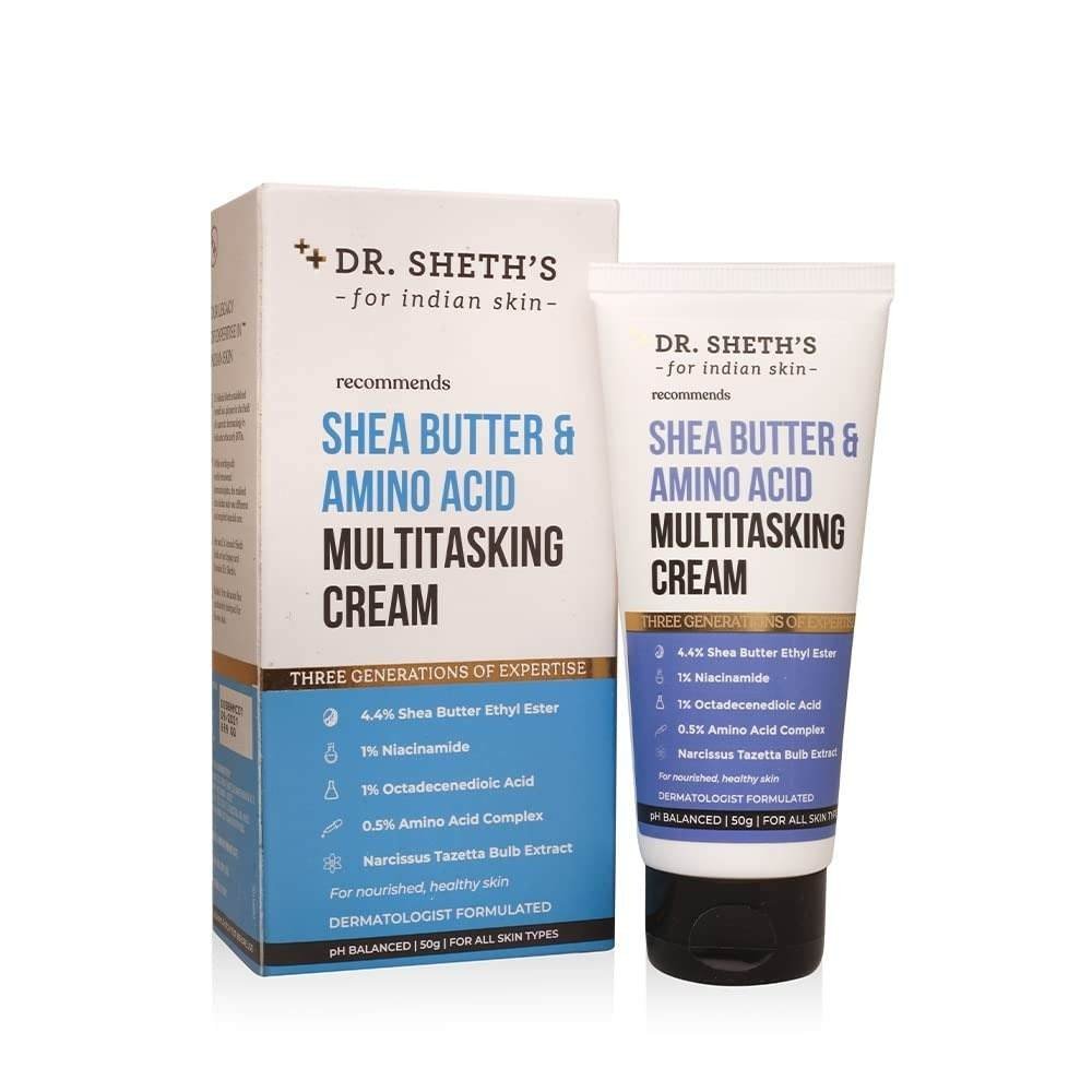 uk513Ffrw0alL-1-1.jpg Dr. Sheth's 4.4% Shea Butter & 0.5% Amino Acid Multitasking Face Cream (Vegan) with 1% Niacinamide, 1% Octadecenoic Acid and Narcissus Extract, for Dryness, Damaged Skin, For All Skin Types, 50g - Fast UK Delivery - Image 1