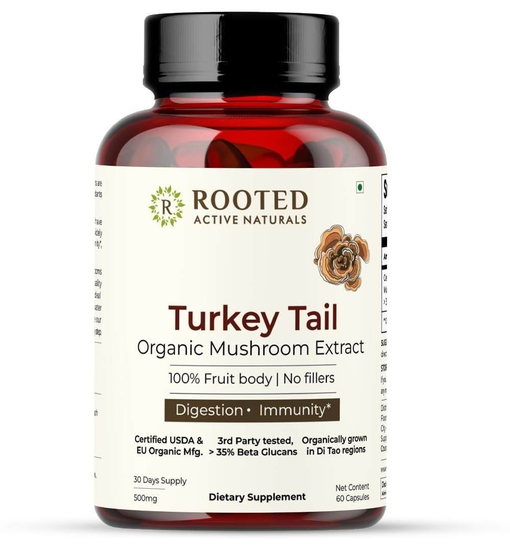 uk514Jwjm-0dL-1-1.jpg Rooted Turkey Tail mushroom Extract Capsules (60 Veg Caps, 500 mg) | Heart health, Stress Relief, Liver. USDA Organic, 30% Beta Glucans, Certified organic - Fast UK Delivery - Image 1