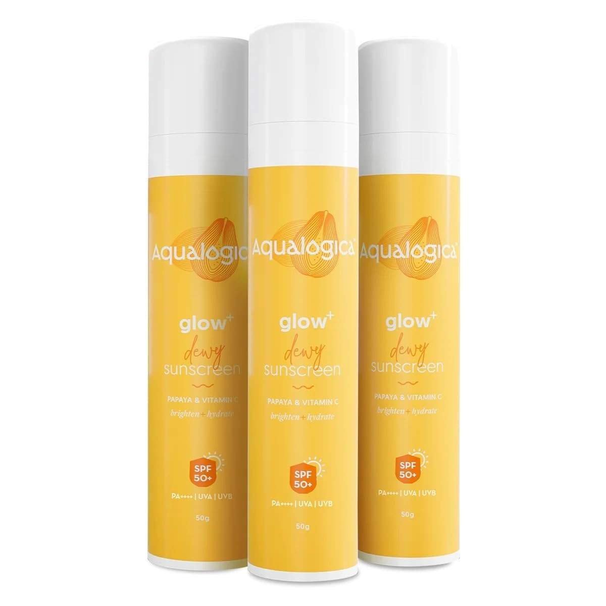 uk518j039RtJL-1-1.jpg Aqualogica Glow+ Dewy Sunscreen SPF 50 PA++++ with Papaya & Vitamin C | For Oily, Combination & Dry Skin Type | UVA/B & Blue Light Protection | Fragrance-Free | For Men & Women | 50g x 3 - Fast UK Delivery - Image 1