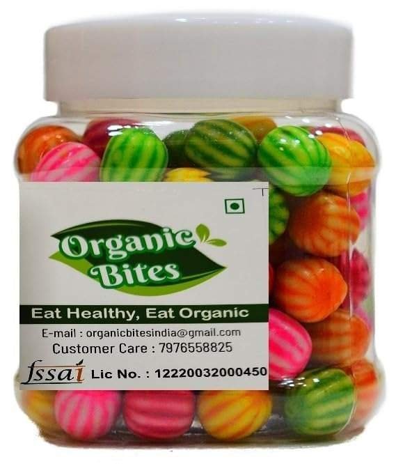 uk518wCwCEp-L-1-1.jpg Organic Bites Chewing Gum Balls, Sugar Coated Bubble Gums Candy -150 Pcs (Jar Pack) - 350 Gm, Mix Fruit - Fast UK Delivery - Image 1