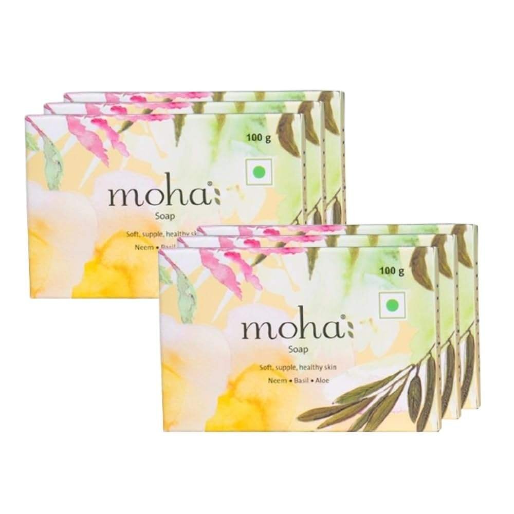 uk5191Z27UqFL-1-1.jpg Moha: Herbal Soap A Natural Face & Body Cleanser! With Goodness Of Aloe Vera Gel, Basil & Neem Used As Bathing Soap, Face & Body Soap, Unisex Bathing Bar - 100Gm Each (Pack Of 6) - Fast UK Delivery - Image 1