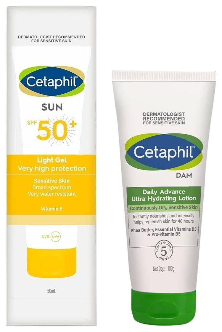 uk5196JBQ2ZUL-1-1.jpg Cetaphil Combination Skin Sun SPF 50 Sunscreen - Very High Protection, Light Gel, Water Resistant, Vitamin E, 50 ml (Pack of 1) & Daily Advance Ultra Hydrating Lotion for Dry Skin - Long-Lasting Moisturizer for Face & Body, 100 g. - Fast UK Delivery - Image 1