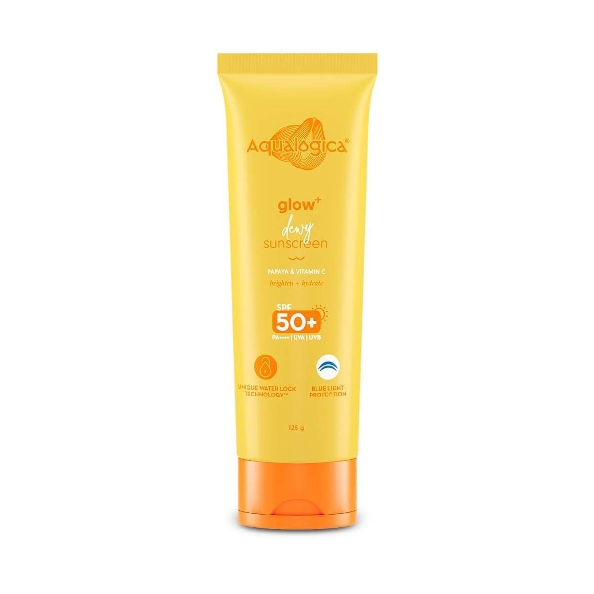 uk51AhfSu5ETL-1-1.jpg Aqualogica Glow+ Dewy Sunscreen SPF 50 PA++++ with Papaya & Vitamin C | For Dry, Sensitive, Oily & Combination Skin | UVA/B & Blue Light Protection | Fragrance-Free | For Men & Women | 125g - Fast UK Delivery - Image 1