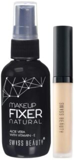 SWISS BEAUTY Makeup Fixer Natural Aloe Vera With Vitamin-E,Face Makeup,White,50Ml & Professional Matte Liquid Full Coverage Concealer For Oily Skin,Face Makeup,Sand-Sable,5.6G,Pack Of 1 - Fast UK Delivery
