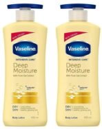 Vaseline Intensive Care Deep Moisture Nourishing Body Lotion 400 ml, Daily Moisturizer for Dry Skin, Gives Non-Greasy, Glowing Skin - For Men & Women (Pack of 2) - Fast UK Delivery