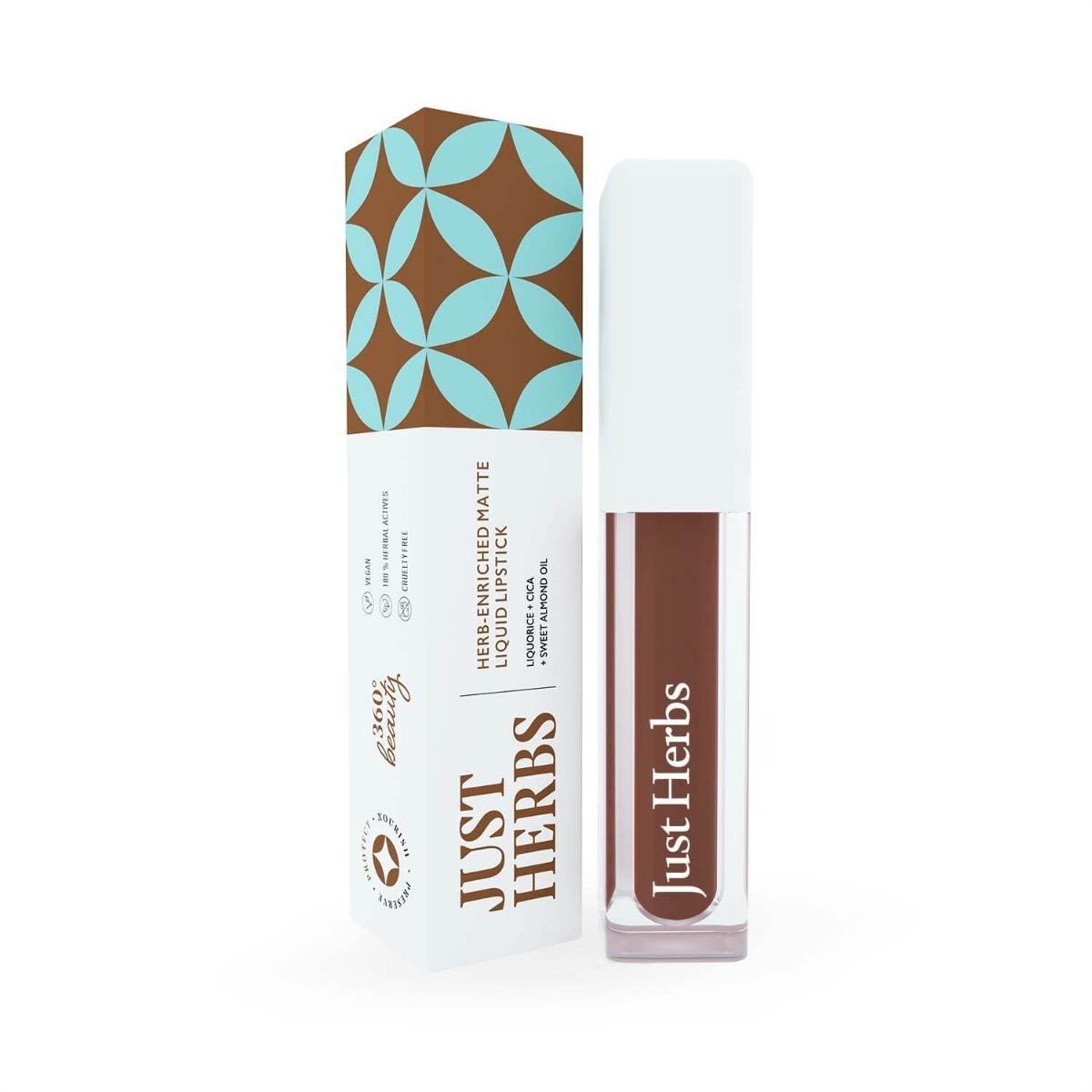 uk51C41FmPD4L-1.jpg Just Herbs Ayurvedic Creamy Matte Long Lasting Liquid Lipstick, Lightweight & Hydrating Lip Colour with Liquorice & Sweet Almond Oil - Liquorice Brown - Fast UK Delivery - Image 1