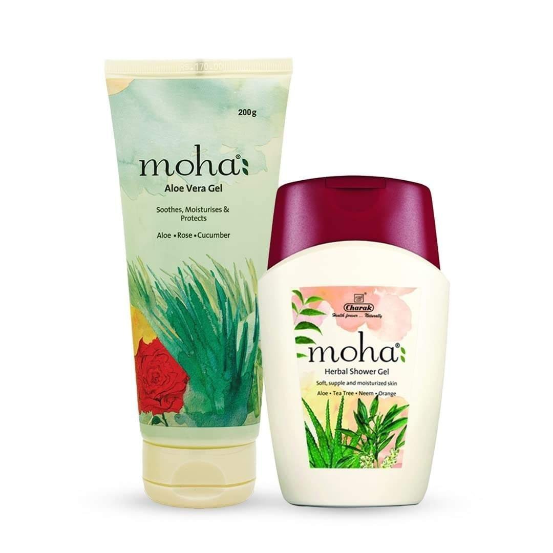 uk51CikH5g-IL-1-1.jpg moha: Natural Aloe Vera Gel 200 gm And Herbal Shower Gel Soft Supple and Moisturised Skin 100 ml Combo Pack - Fast UK Delivery - Image 1