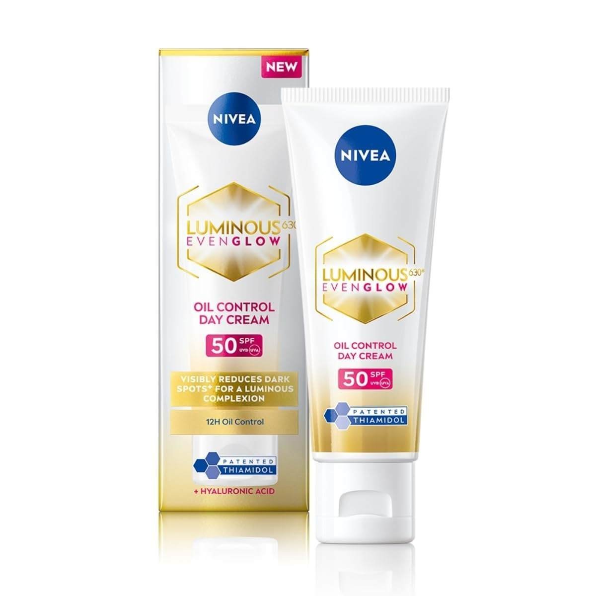 uk51FSbp8CSdL-1-1.jpg NIVEA Luminous Even Glow Oil Control Day Cream for face |SPF 50 with UV protection & UVA UVB filters | Thiamidol, Hyaluronic Acid, Vitamin E for Dark Spots Reduction & Deep Moisturization - Fast UK Delivery - Image 1